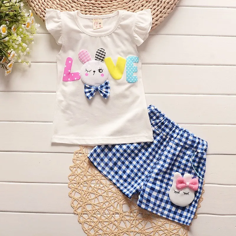 

2020 toddler children summer baby girls clothing sets cartoon casual suit plaid clothes set white t shirt+short pants sleeveless