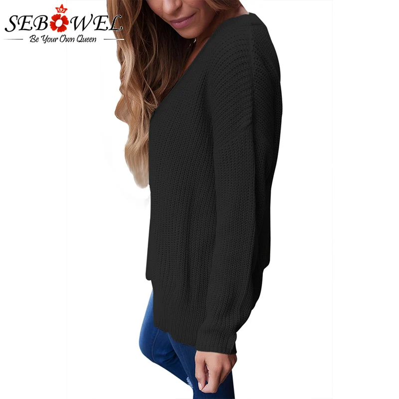 Фото SEBOWEL 2020 Sexy Lace up Oversized Sweater Women Autumn Gray Long Sleeve Deep V Front Female Knitted Pullovers Женская одежда SEBOWEL 2020 Sexy Lace up Oversized Sweater Women Autumn Gray Long Sleeve Deep V Front Female Knitted Pullovers Женская одежда