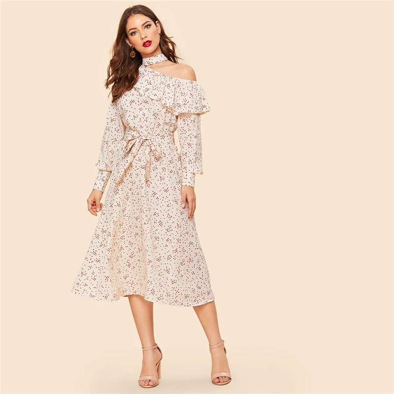 SHEIN винтажное абрикосовое платье с оборками на одно плечо с рукавом с поясом, женское весеннее элегантное Цельнокройное платье миди