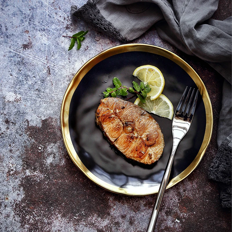 Ceramic Dishes Plates Creative Gold Side Black Matte Steak Dessert Tray Kitchen Dinner European Style Retro Tableware | Дом и сад