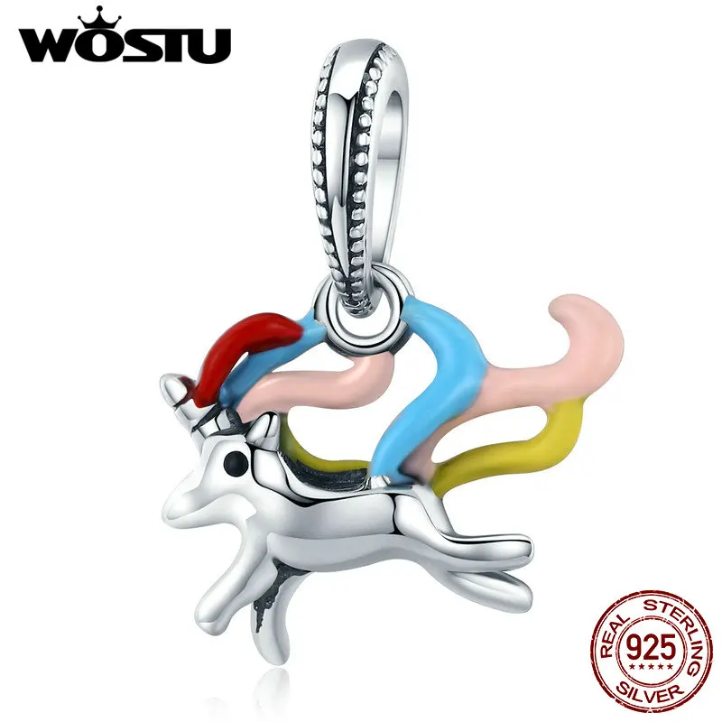 WOSTU Новая мода 925 пробы Серебряный красочный единорог талисман на память кулон подходит для женщин Шарм браслет DIY Ювелирные изделия CQC502