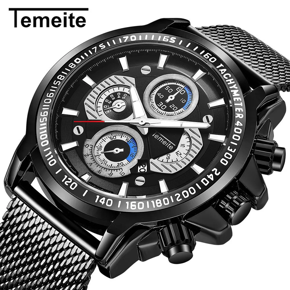 Temeite спортивные мужские часы с сетчатым ремешком черные кварцевые из нержавеющей