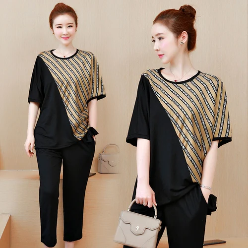 Комплект из 2 предметов размера плюс, большой 3XL, 4XL, 5XL, спортивный костюм для женщин, комплект в полоску, комплект из штанов и топа, летние костюмы - Цвет: black