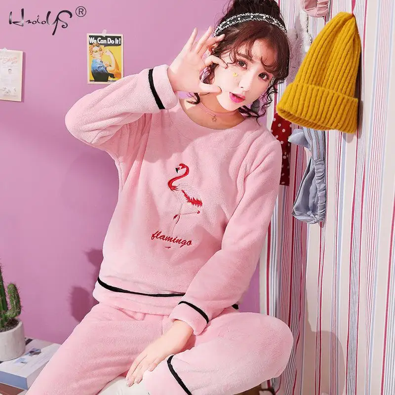 Pink Flamingo Пижама для женщин, костюм из двух предметов, зимняя Пижама с вышивкой фламинго, Толстая теплая фланелевая Домашняя одежда,, топ, домашняя одежда - Цвет: Pink Flamingo