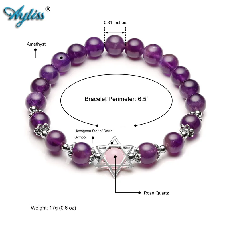 Ayliss Natural Stone Bracelets Hollow Six-pointed Star Elastic Bracelet Gem Purple Pink Stretch Jewelry 6.5&quotinch | Украшения и