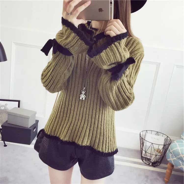 

Gril high neck collar full-sleeve flare sleeve pullovers sweater