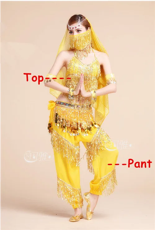 Yellow 2pcs Набор костюма для танца живота женщин для выступления в Болливуде соревнований сексуальные блесток Топы Индия фламенко Сальса Восточный танец - Цвет: Yellow 2pcs