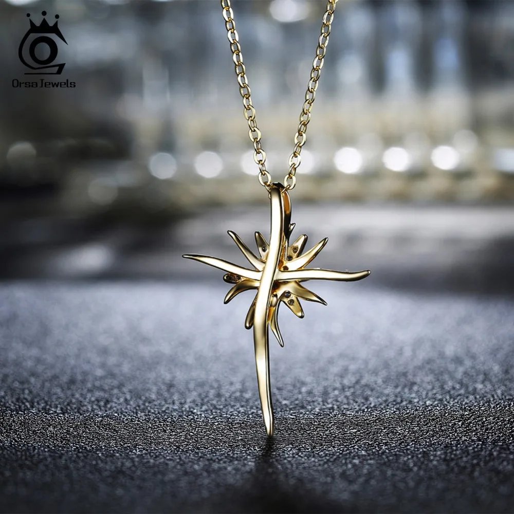 ORSA JEWELS Настоящее серебро 925 проба Женские Подвески Морская звезда AAA Блестящий CZ длинное большое Золотое ожерелье для женщин ювелирные изделия SN103