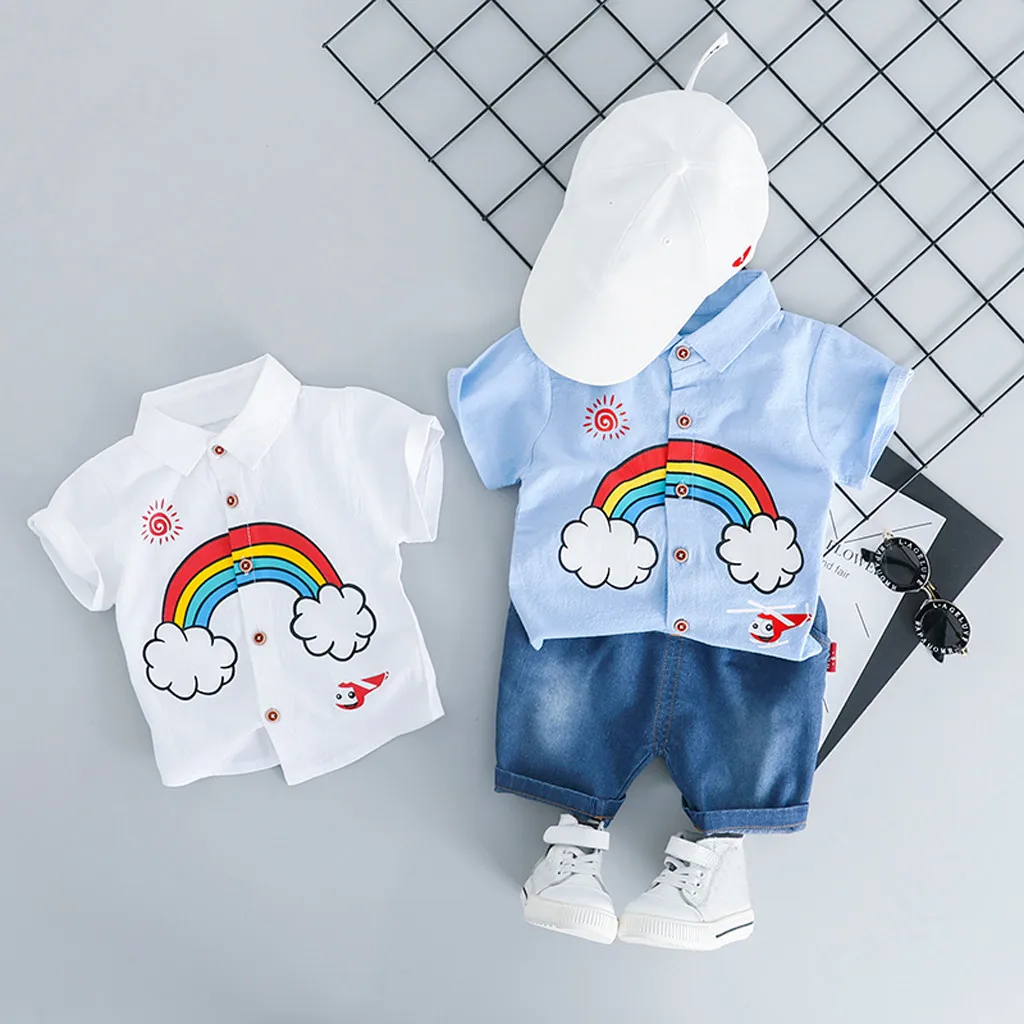 Toddler Newborn Clothes Kids Boys Rainbow Tops T-shirt Solid Short Pants Casual Outfits Baby =Summer Bebek Giyim |