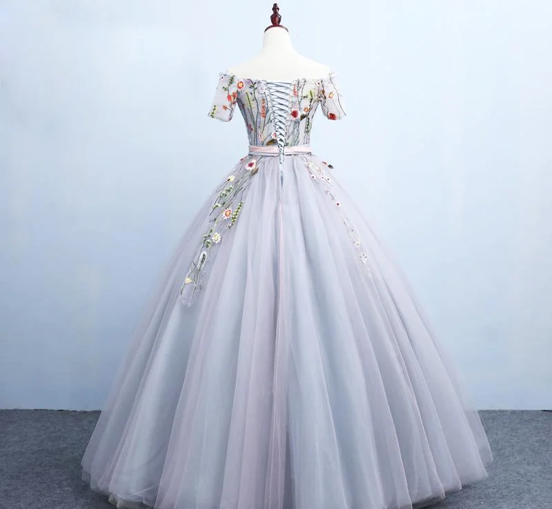 Женское вечернее платье SSYFashion элегантное серое бальное до пола с цветочным