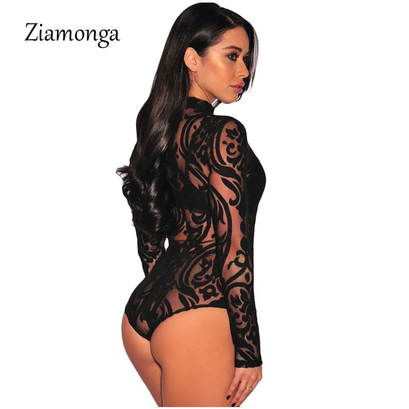 Женское боди с длинным рукавом Ziamonga черное Сетчатое Кружевное принтом и высоким