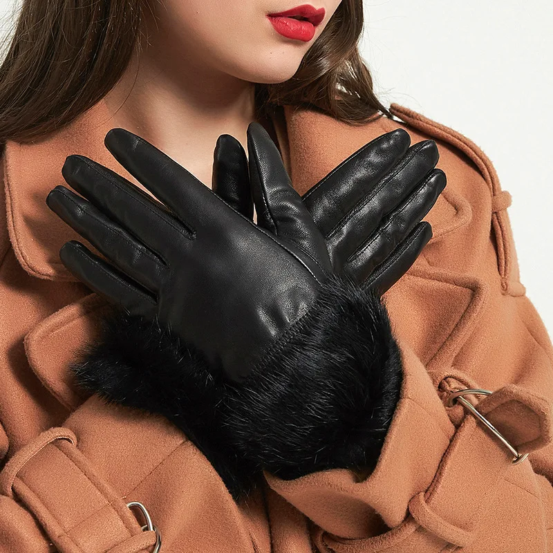 

JKP NEW winter women gloves real leather rabbit fur glove wrist genuine sheepskin mitten hot