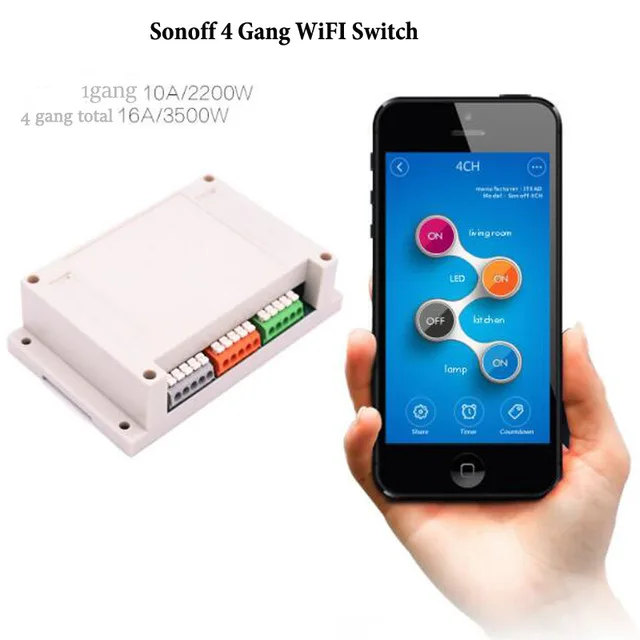 ITEAD sonoff 4ch 4 gangl переключатель Wi-Fi din-рейку Беспроводной экономнее выключения 10A/2200