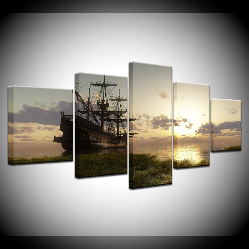 

5 Panel Wall Art Fantasy Ship Sail Boat In Lake Sunset Prints modern Modular Poster art Canvas painting for Living Room Decor