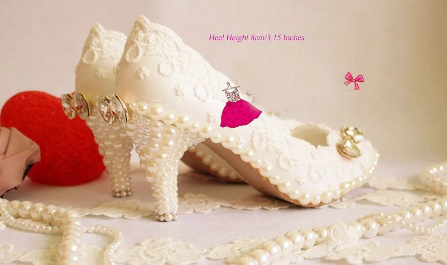 

Luxury formal 8cm High heel dress shoe sparkling Pearl diamond White wedding shoes handmade Lace wedding shoe pearl shoes