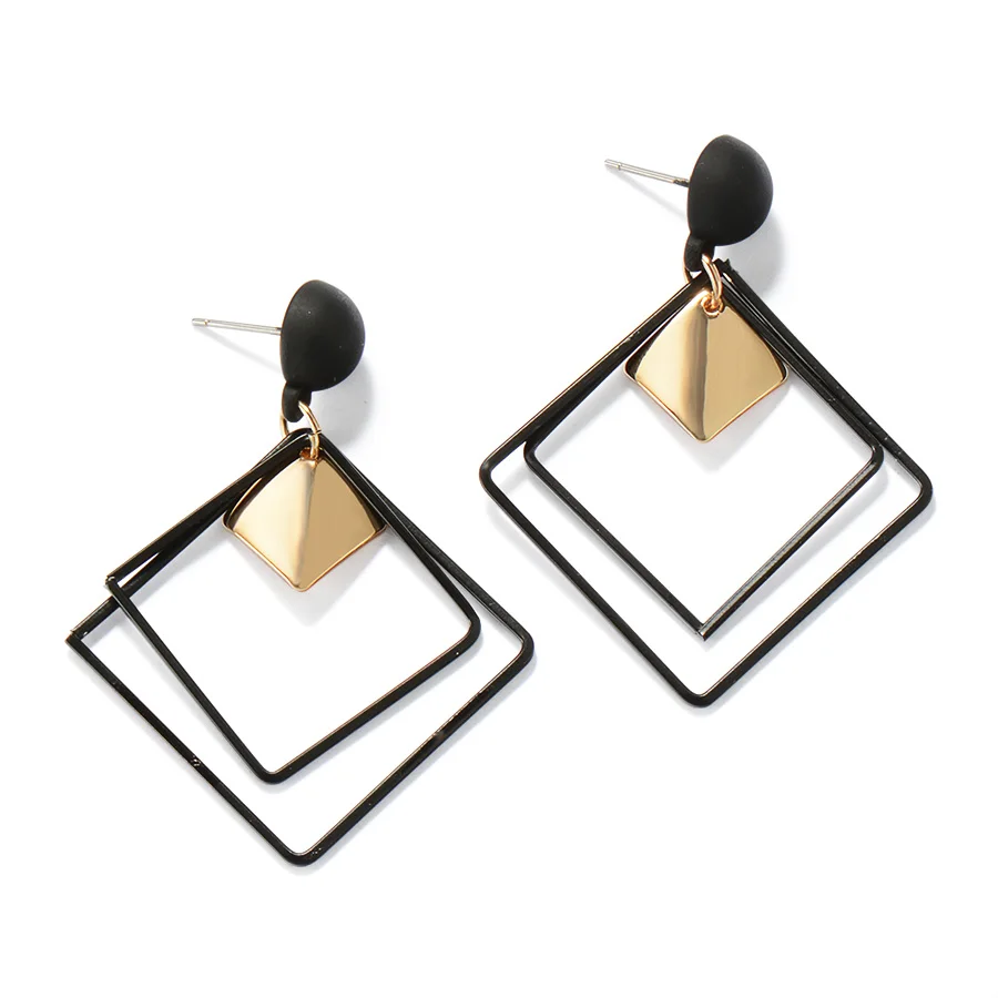 RAVINOUR Brincos Femme Bijoux, большие двойные квадратные висячие серьги, женские модные ювелирные изделия в стиле панк, золотая металлическая длинная серьга - Окраска металла: Black