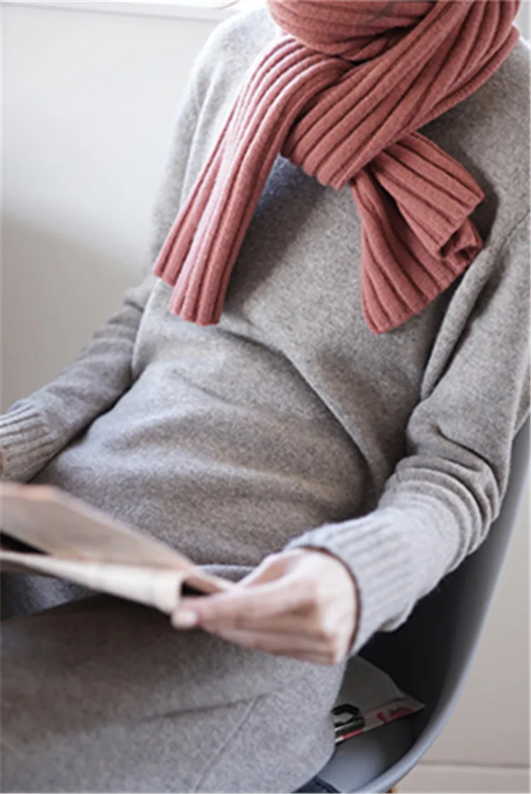 100%cashmere thick knit women brief low Oneck loose long dress sweater solid color S-L