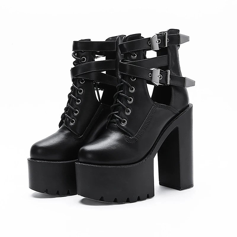 Женские ботильоны на высокой платформе кожаные ботинки со шнуровкой высоком