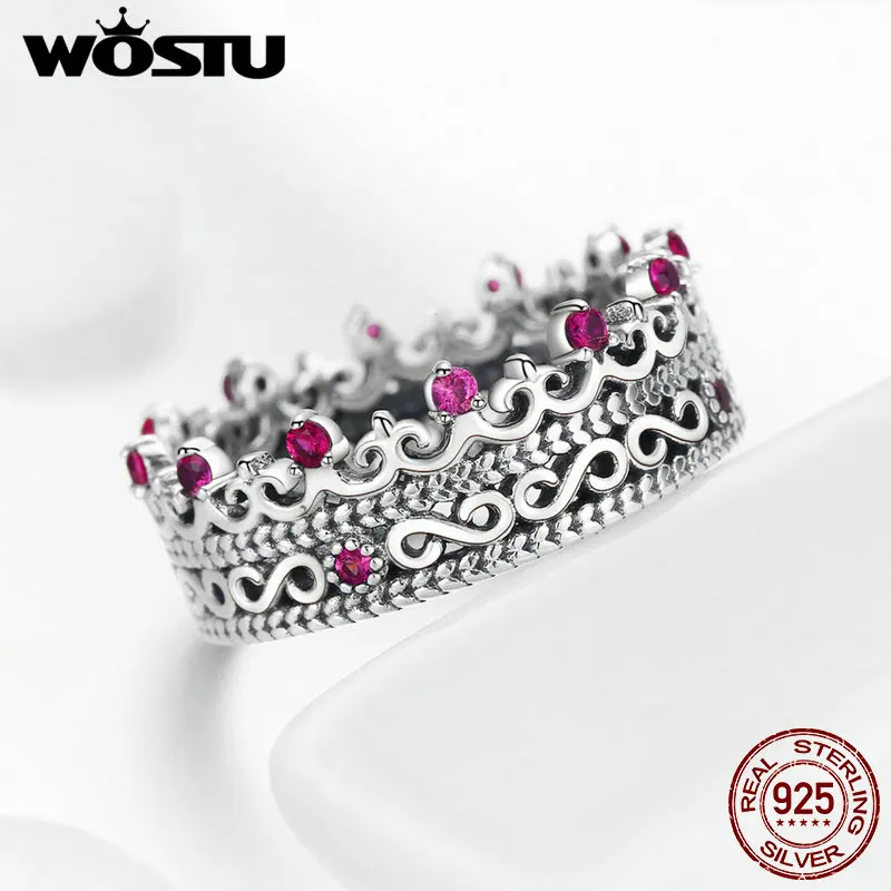 WOSTU Новая мода Настоящее серебро 925 проба корона принцессы королевы кольца для Женская циркониевая серебряное кольцо Свадебные украшения BKR487