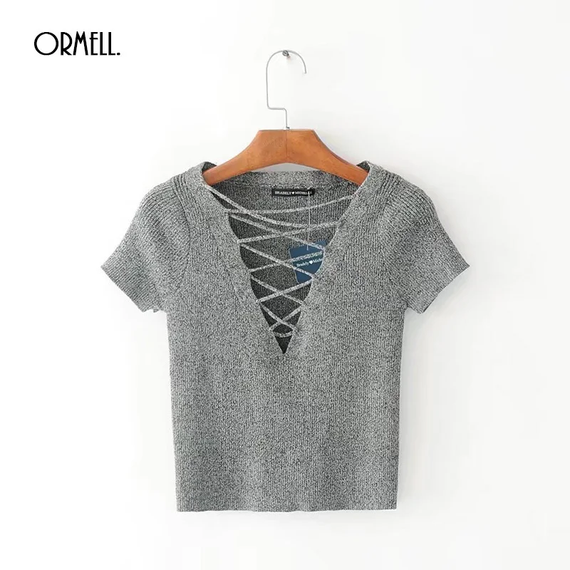ORMELL Fashion Short Women Deep V Neck T-shirts Summer Hollow Out Bandage Ladies Tops 3 Colors Solid Female Casual Sweater Tees | Женская