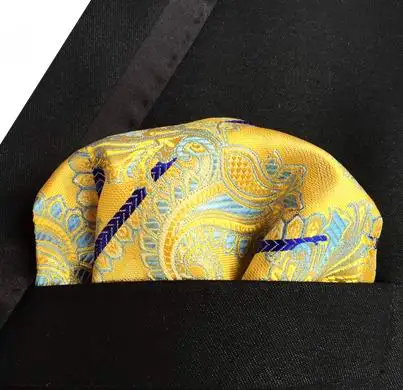 Бесплатная доставка Пейсли желтый синий бежевый шелк Hanky 100% мужской карманный