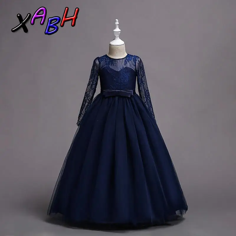 XABH Girls Lace Long Sleeve Gown Dress Children's Flower Girl Wedding Pageant Ball Gowns Kids Fancy Costume | Детская одежда и