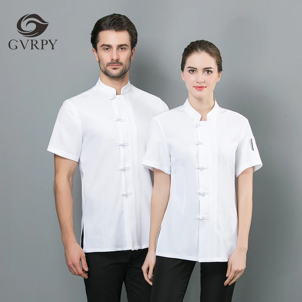 2019 Summer Unisex White Black Chef Jacket Barber Shirt Restaurant Kitchen Solid Color Short Sleeve Linen Work Uniform|Пиджак