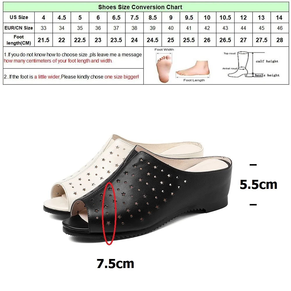 

DRFARGO Summer Genuine Leather 5.5cm Wedged Heel Shoes Cutout Shallow out High Vamp Slip on Slipper for Women Black White 41210