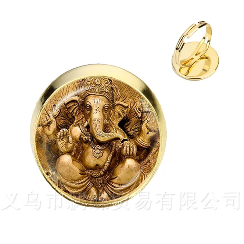 Стеклянные кольца с драгоценным камнем, 16 мм, Ganesha, Будда, слон, Серебряное/позолоченное регулируемое кольцо ручной работы, Серебряное/позолоченное классическое Стеклянные кольца с драгоценным камнем, 16 мм, Ganesha, Будда, слон, Серебряное/позолоченное регулируемое кольцо ручной работы, Серебряное/позолоченное классическое