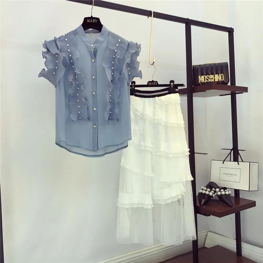 Женские шифоновые блузки рубашки топы с оборками и бусинами + сетчатые макси юбки