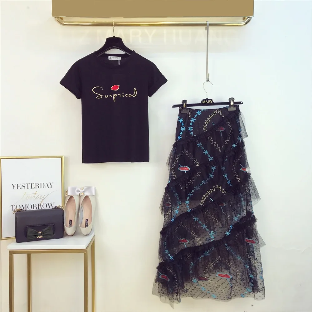 2019 летние женские Модные футболки с надписями + вышивка Юбка из сетчатой ткани