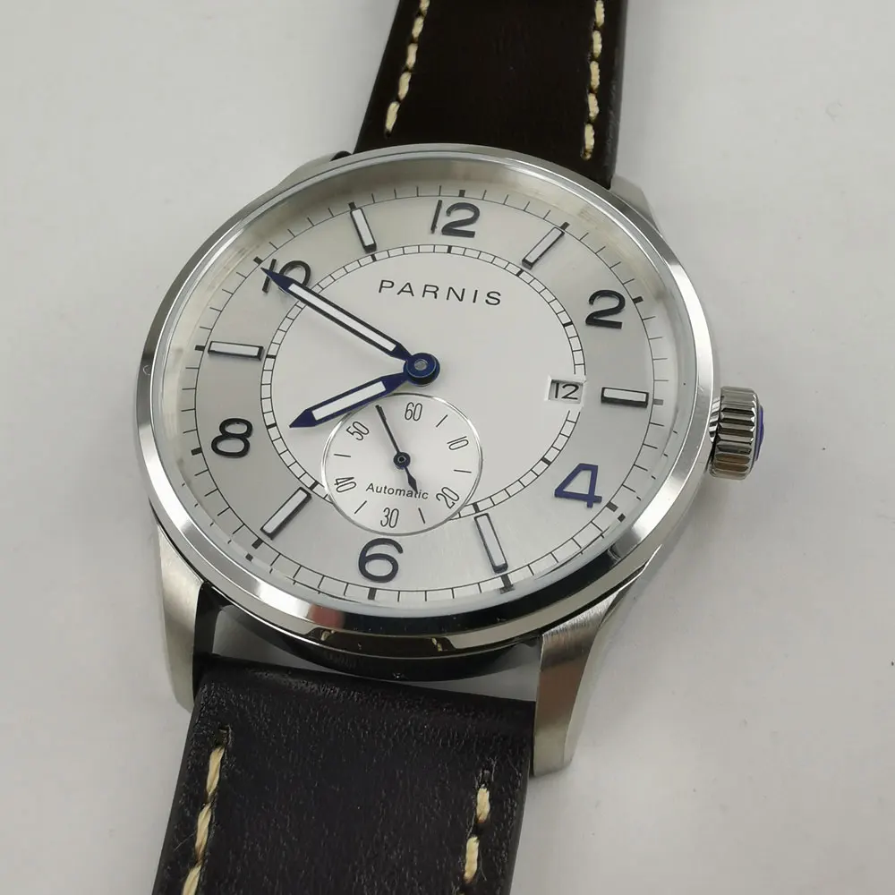 Новое поступление Parnis42mm автоматические мужские часы светящаяся Дата 5ATM ST1731