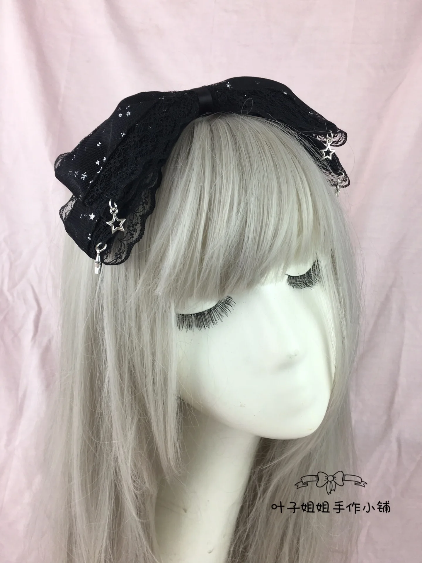 

The Original lolita lace bowknot hot yarn KC hair hoop hairpin black GanSe silver stars