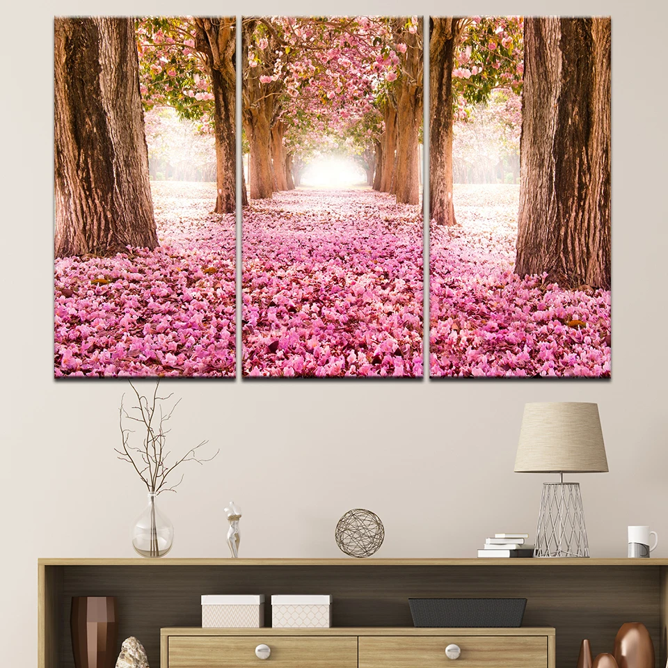 

Canvas Pictures Home Decor HD Prints 3 Pieces Cherry Blossoms Paintings Pink Flower Petal Tree Poster Living Room Wall Art Frame