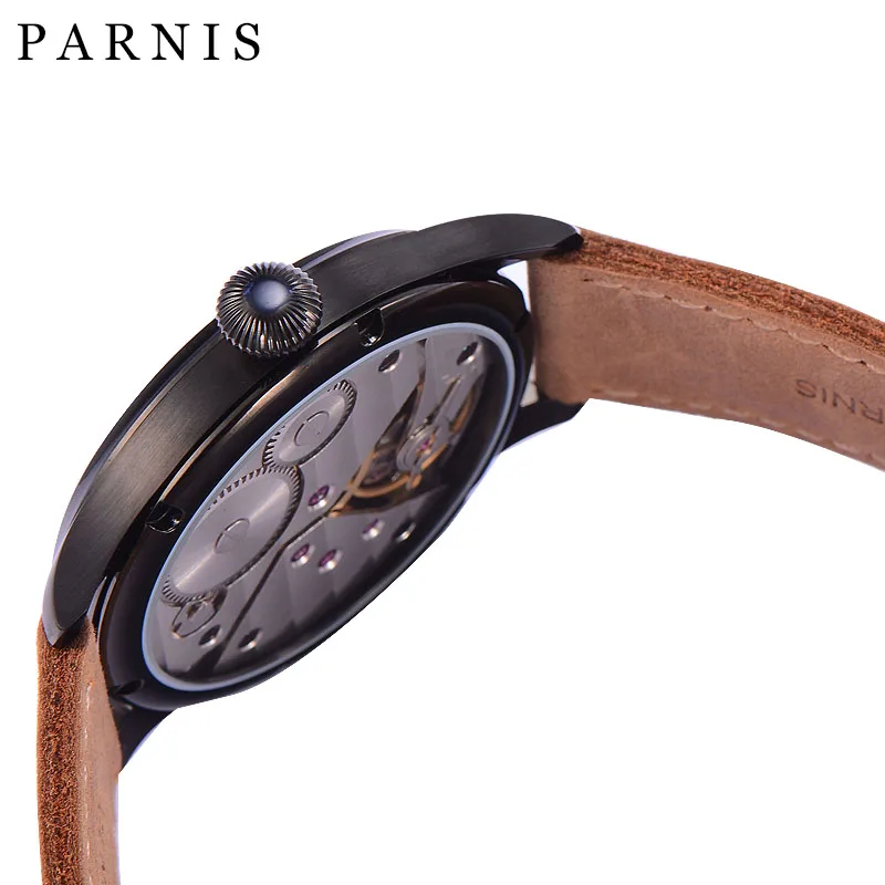 Parnis Mechanical Watch Men Hand Winding Black Case Leather Power Reserve Pilot Military Clock Wrist Watch Relogios Masculinos