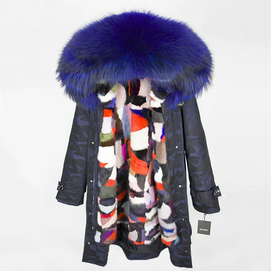 blue Camouflage 13 OFTBUY X-длинная Камуфляжная парка, пальто с натуральным мехом, зимняя женская куртка, большой воротник из натурального меха енота, капюшон, подкладка из натурального меха норки - Цвет: blue Camouflage 13