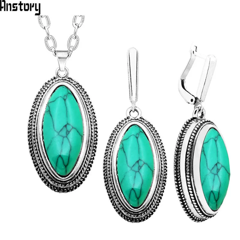 Green Double Layer Rhombus Red Stone Set Retro Necklace Earrings Set For Women Antique Silver Plated Fashion Jewelry - Окраска металла: Green