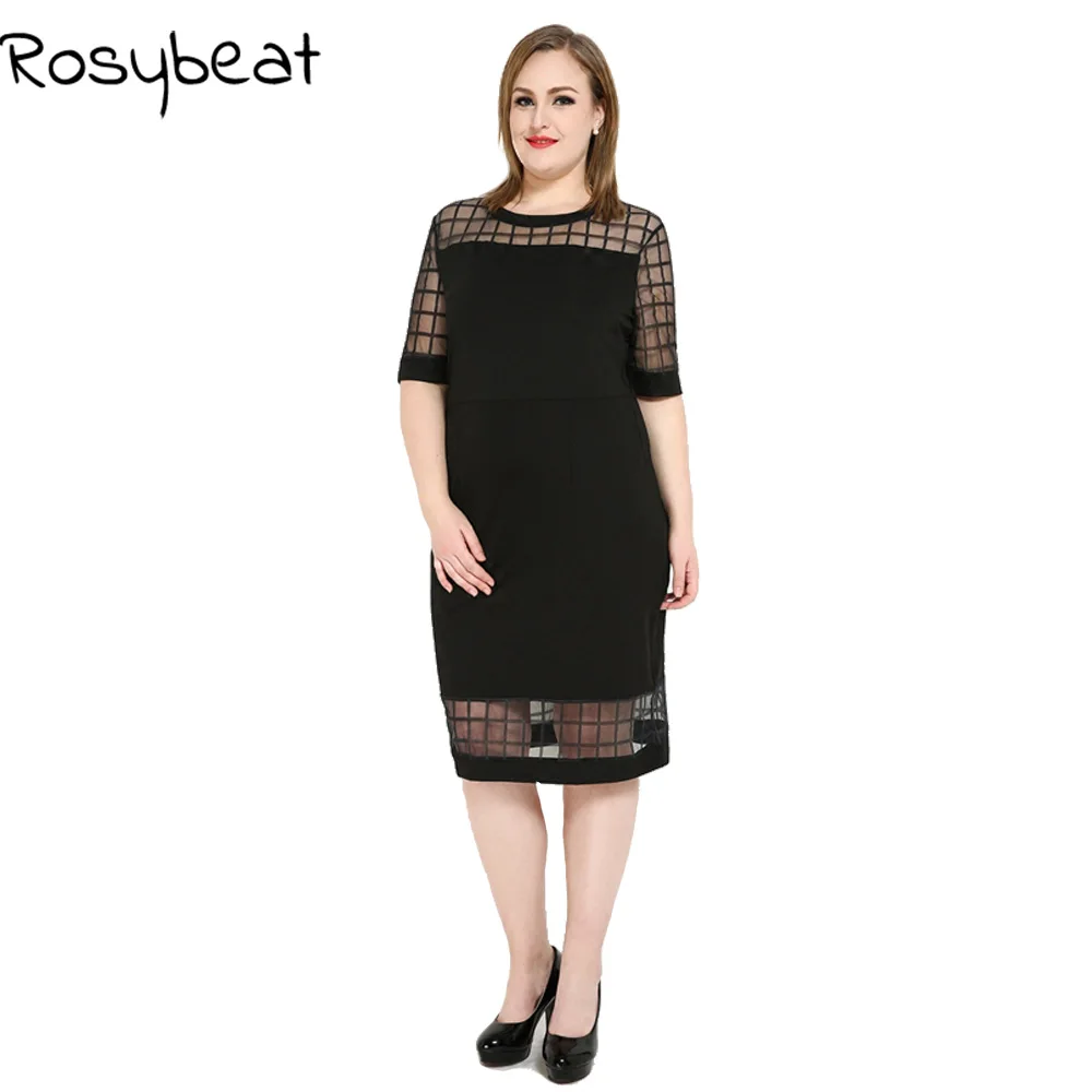 Fashion Women Large Size Summer Dresses Plaid Mesh Patchwork Dress Casual Midi Oneck Half Sleeve Loose 4xl 6xl Vestidos 5x | Женские