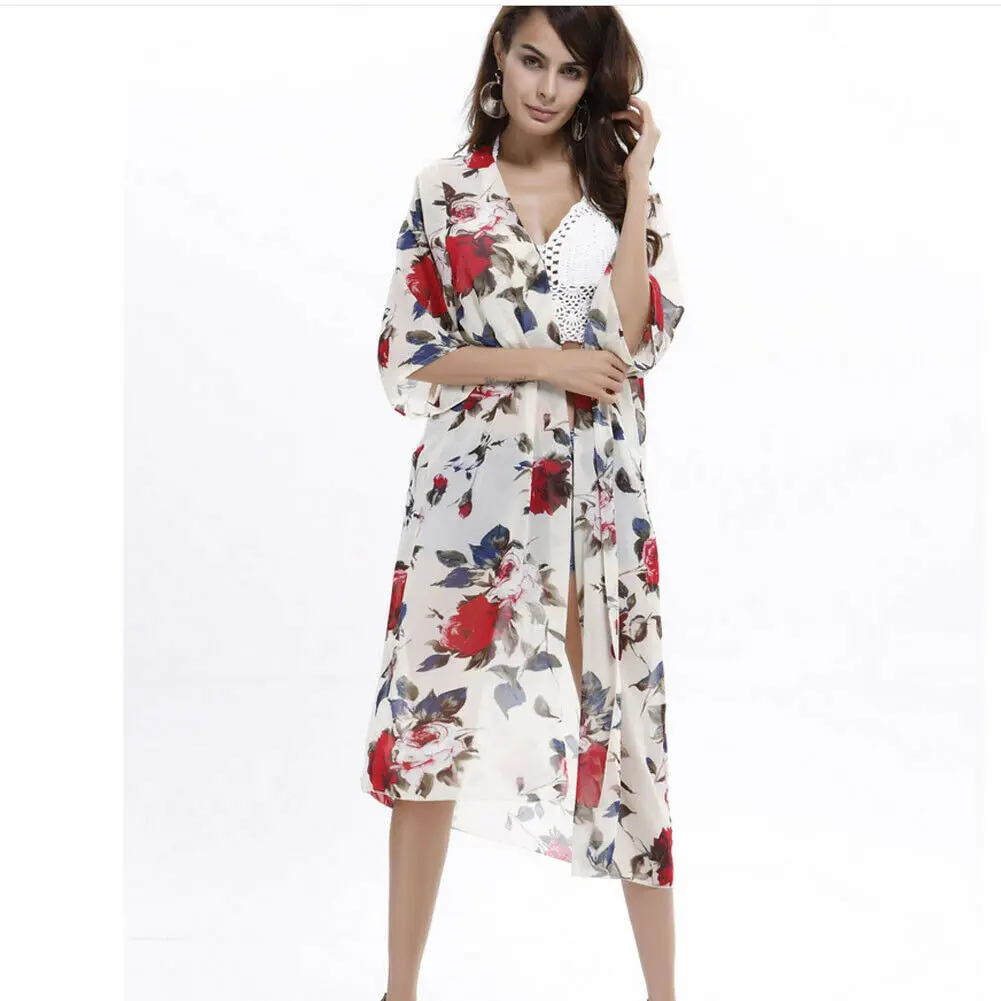 Летнее женское шифоновое кимоно Boho накидка с цветочным принтом пляжный бикини