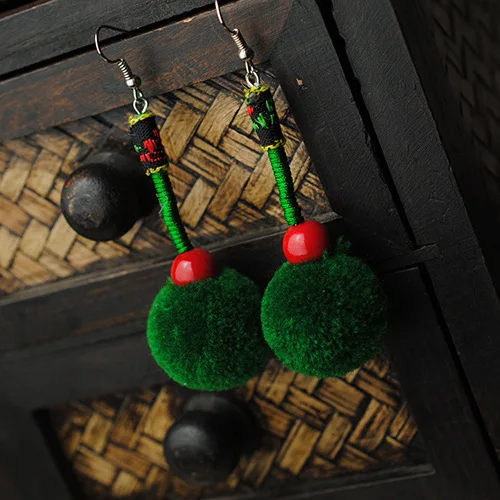 Ethnic jewelry handmade Chinese wind traditional vinatge plush balls dangle earrings green New embroidery lace | Украшения и