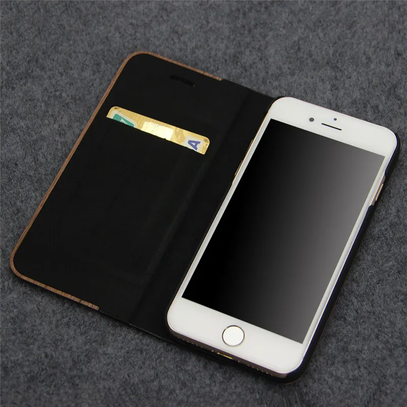 Деревянный и кожаный чехол кошелек для телефона iPhone 7 8 Plus с отделением карт сумка
