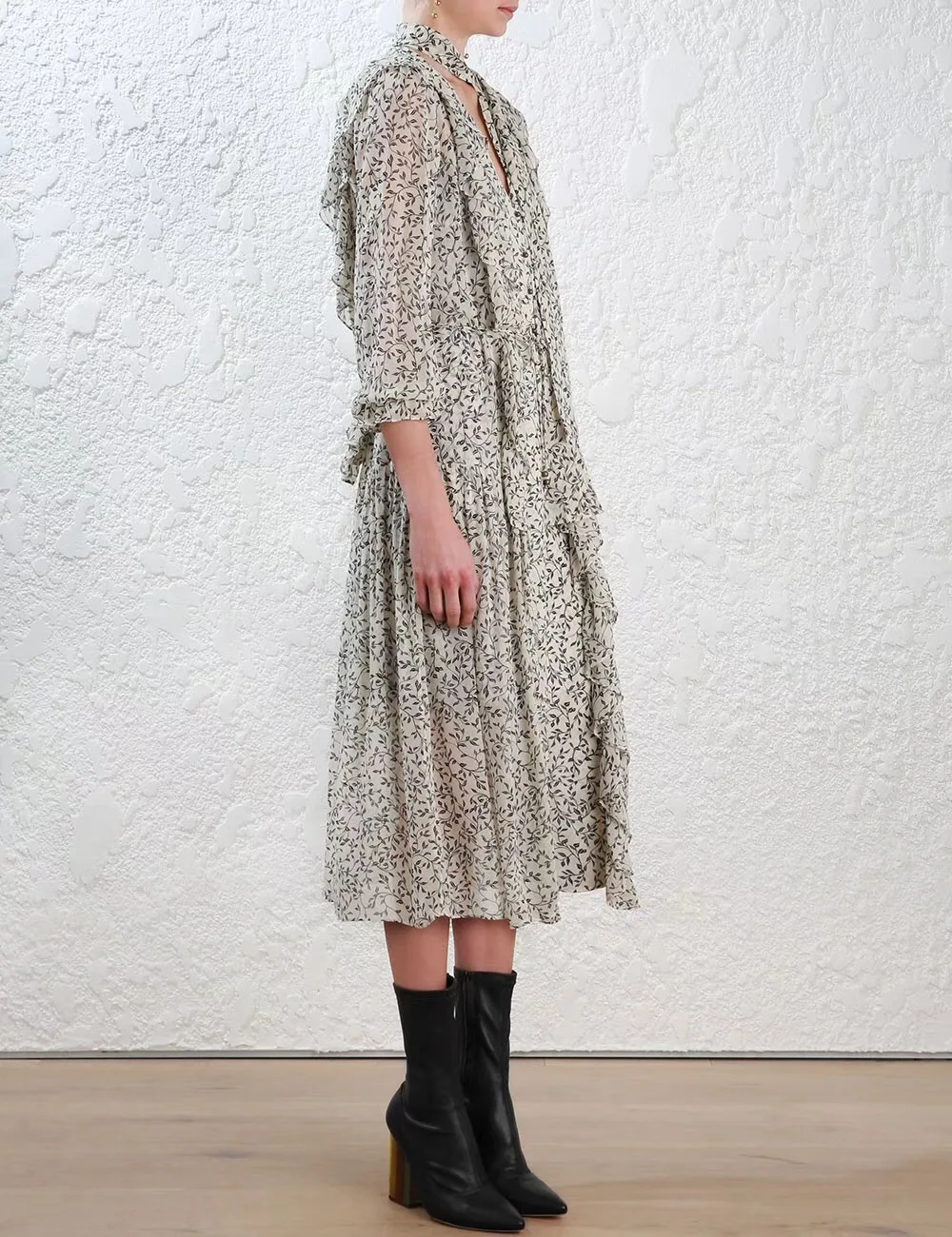 Для женщин клены каскад платье спереди на пуговицах Цветочный принт оборками