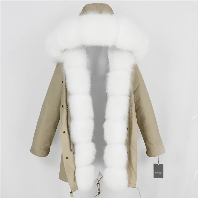 beige white OFTBUY, зимняя женская куртка, пальто из натурального меха, длинная парка, Воротник из натурального Лисьего меха, Толстая теплая брендовая Роскошная Съемная Повседневная Новинка - Цвет: beige white