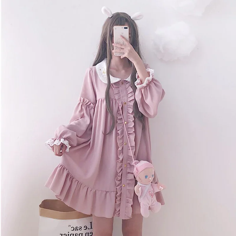 Женская одежда Kawaii японский стиль Вышивка Питер Пэн длинные кружевные