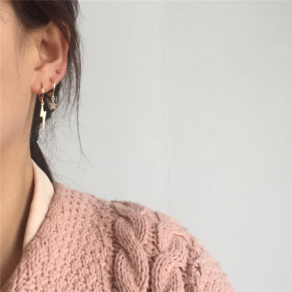 GIRLY С Покрытием золотого цвета с изображением Луны и звезд, крест украшение в виде цветка с подвесками маленькая серьга-кольцо Набор для женщин и девушек