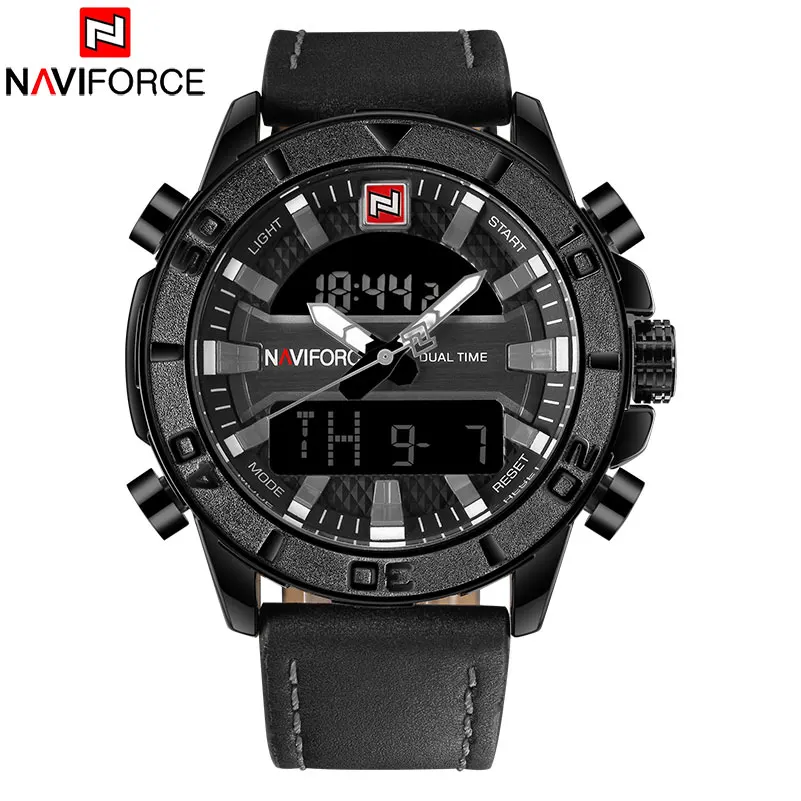 NAVIFORCE бренд часы для мужчин спортивные цифровые Человек Кожаный ремешок