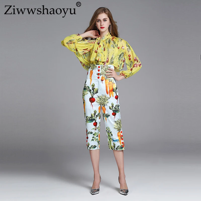 Ziwwshaoyu Элегантный комплект с принтом, шифоновый топ с круглым вырезом и пышными рукавами+ штаны с высокой талией длиной до середины икры, весенний и летний женский комплект