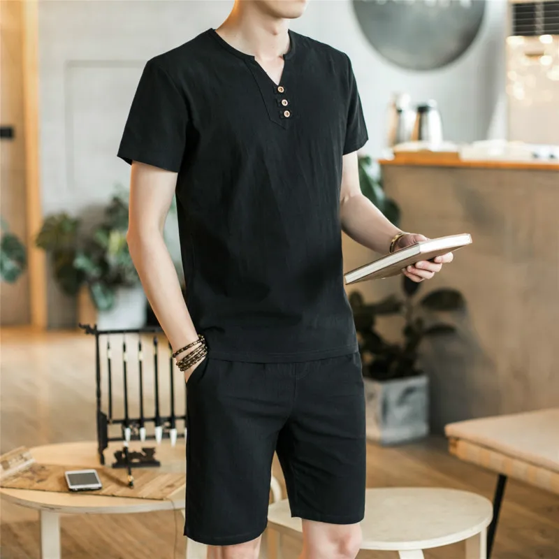 

2019 New Men's Linen Tees 2 Piece Sets Short Sleeve T-shirt Summer Brand Vintage Fit Slim Casual Linen Suits 4XL 5XL