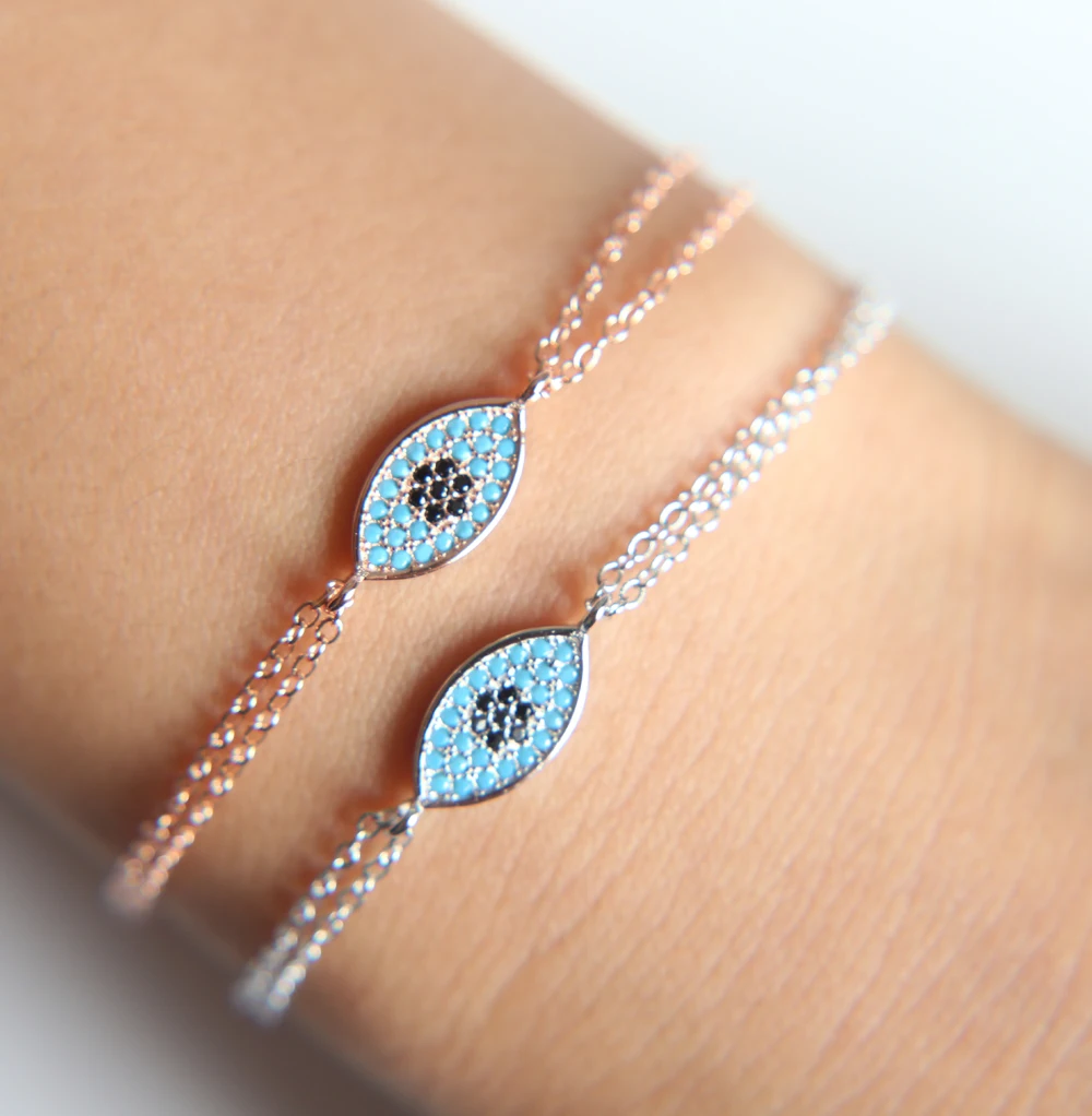 2019 New Special Offer Trendy Original 925 Sterling silver Rose gold color eil Eye Bracelet With blue cz For Women Jewelry Gift | Украшения