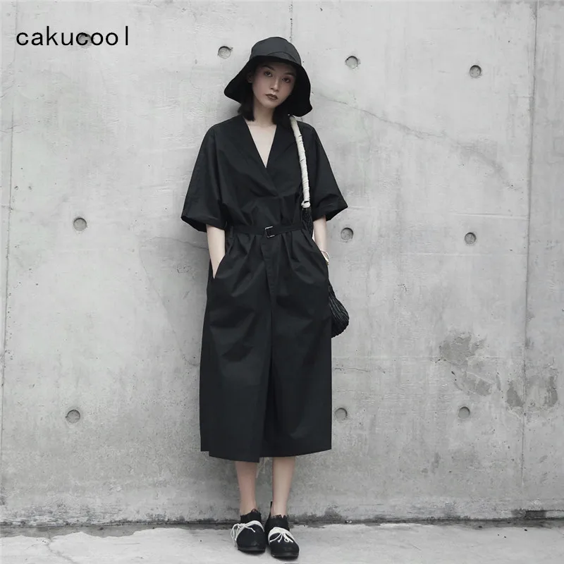 Женское платье с V образным вырезом Cakucool Летнее Длинное средней длины поясом в